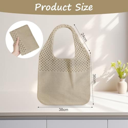 Adiwo Crochet Beach Bag, Knitted Handbags for Women, Retro Hollow Tote Bag, Mesh Beach Bag, Holiday Bags for Women, Bohemian Style for Holiday, Daily Work, Shopping, Travel (Khaki) — view 3