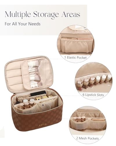 Prite Makeup Bag Toiletry Case for Women with Brush Holder, Brown, Standard — view 2