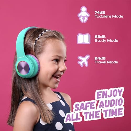 PowerLocus Kids Headphones, Bluetooth Headphones Over Ear for Kids, LED Lights, 74/85/94dB Safe Volume Limit Headphone, Micro SD/TF, Foldable with Hi-Fi Stereo, Built-in Mic for School/Tablet/Travel — view 2
