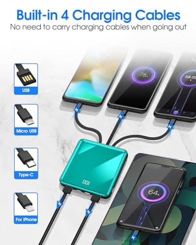 Portable Charger, 10000mAh Power Bank with Built in 4 Cables, Slim Smallest Portable Charger LED Display, External Battery Pack Travel Essential Phone Charger for iPhone Samsung iPad Android (Blue) — view 4