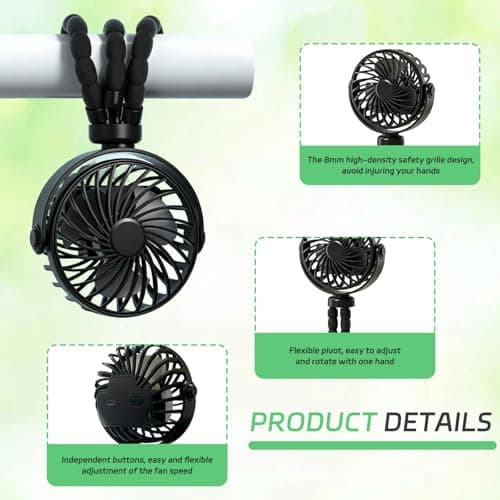 Mini Portable Pram Fan, Rechargeable Clip On Fan for Stroller with Night Light, 3 Speeds, 360° Rotate Flexible Tripod Cooling for Buggy, Pushchair, Car Seat, Travel Black — view 3