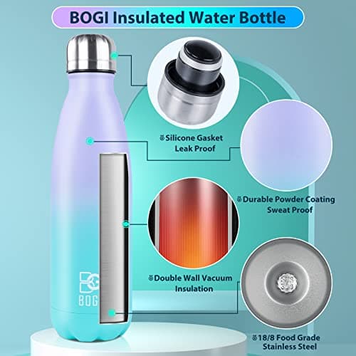 BOGI Insulated Metal Water Bottle, 500ml - Leakproof Stainless Steel - Keeps Hot & Cold - Sports Bottle for Girls & Boys - Mint — view 3