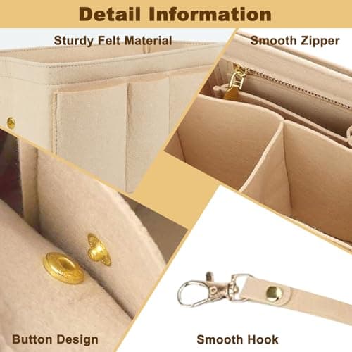 Handbag Organiser Insert with Multiple Compartments & Zips, Beige Multi-Pocket Felt Tote Bag Organisers, 27x16x15cm Large Capacity Storage Pouch, Women Travel Makeup Organizer for Cosmetic Toiletry — view 3