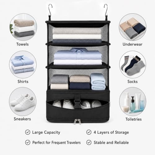Hbzunt Hanging Suitcase Organiser, Foldable Travel Packing Shelves with Metal Hooks, Portable Hanging Travel Shelves for Wardrobe, M, Black — view 5