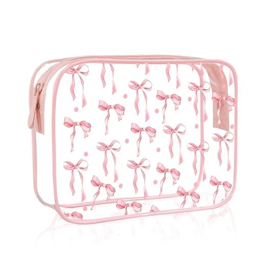Clear Makeup Bag for Women Girls,Clear Travel Toiletries Bag Pink Bow Cosmetic Bag Travel Toiletry Bag,Waterproof Travel Makeup Bag Travel wash Bag for Travelling Cosmetics Birthday Gifts (Pink)