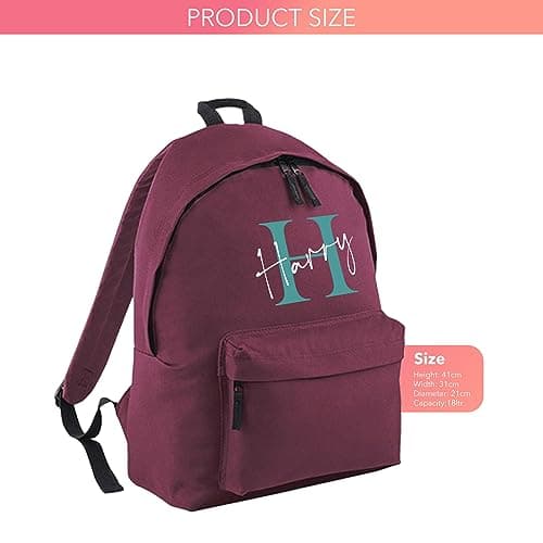 Print Maniacs Personalised Any Name Large 18L Kids Travel Backpack Junior Shoulder Collage Rucksack School Lunch Swimming P.E Laptop Book Bag (Burgundy, Teal/White) — view 2