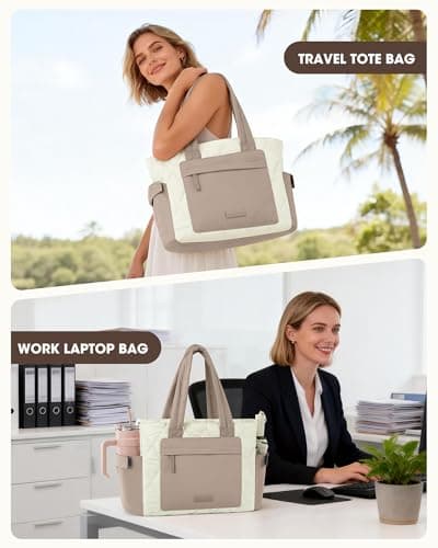 RAINSMORE 15.6 Inch Puffer Laptop Tote Bag for Women Large Quilted Cloud Bag with 15 Pockets and Luggage Sleeve Lightweight Water-Resistant Work Handbag for Teacher, Travel, Gym, School Khaki White — view 6