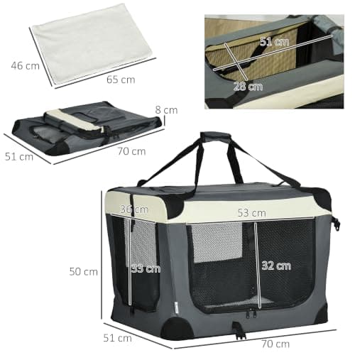 PawHut 70cm Foldable Pet Carrier for Small Dogs Cat Carrier Grey — view 3