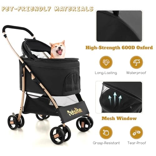 Maxmass Pet Stroller, Folding Dogs Travel Carrier with Wheels, Brake, 4-Level Adjustable Canopy & Storage Basket, Pet Travel Carriage for Small & Medium Sized Dogs Cats (Black+Gold) — view 5