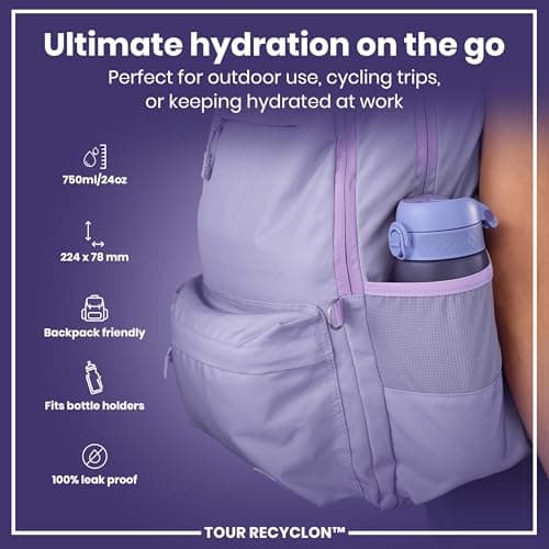 ION8 Sports Water Bottle, 750 ml/24 oz, Leak Proof, Easy to Open, Secure Lock, Dishwasher Safe, BPA Free, Flip Cover, Carry Handle, Soft Touch Contoured Grip, Easy Clean, Odour Free, Light Purple — view 2