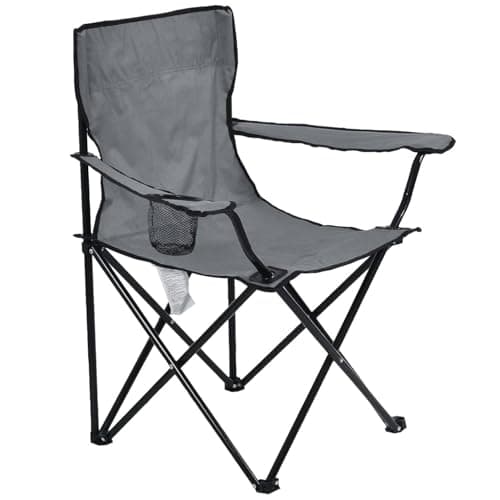 HomlyPro Folding Camping Chair - 1 Pack, Lightweight, Portable & Durable Steel Frame, 120kg Capacity, Armrests with Cup Holder, Carry Bag, Beach Chairs for Picnic, Garden, Fishing (Grey)