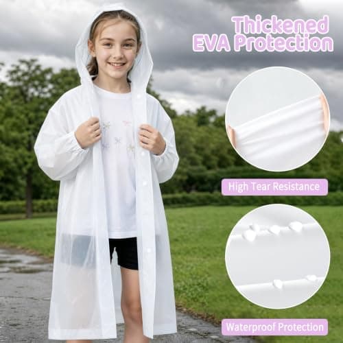 GOZINA Kids Rain Poncho Waterproof, Thickened EVA Raincoat with Hooded Drawstring & Snap Buttons, Portable Rain Coats for Boys Girls School Travel Outdoor (White + Purple) — view 3