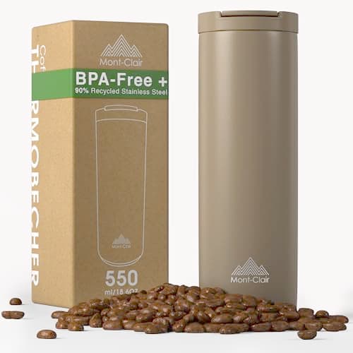 Mont-Clair Insulated Coffee Cup Travel Mug 550ml - Coffee Mug - 100% Leak-Proof - Keeps hot for 12 Hours - Travel Cup - Made of Recycled Stainless Steel (Earth)