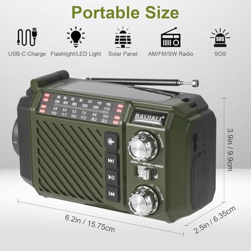 Wind Up Emergency Radio with 2600mAh Power Bank - Solar, Hand Crank & USB-C Charging, FM/AM/Shortwave, Torch & SOS for Survival Kits (Green) — view 2
