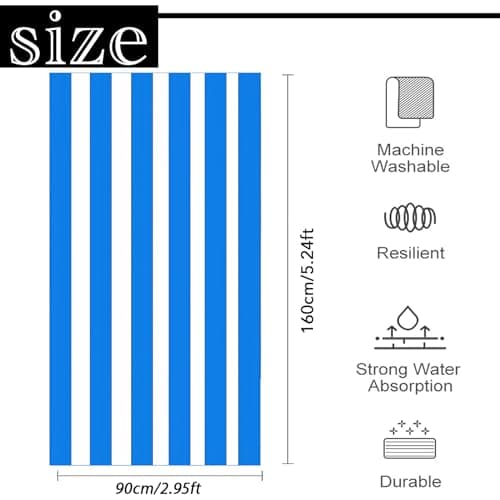 Large Quick Dry Microfibre Beach Bath Towel for Adult,Double Sides Blue White Striped Sand Free Beach Towel with Bag,Lightweight Gym Yoga Sports Towel,Compact Travel Summer Beach Towel for Women Men — view 2