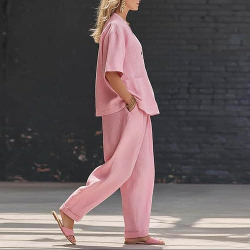 festival outfit women Co Ord Sets for Women Cotton Linen 2 Piece Plus Size V Neck Tops & Wide Leg Trousers Summer Fashion Loose Comfy Vacation Travel Airport Outfits Pink L — view 4
