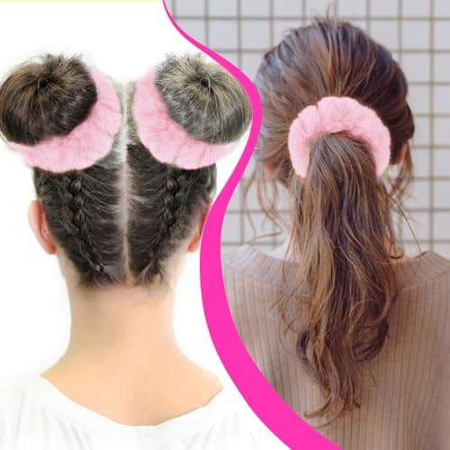 PEOVLVN 2 Pcs Pink Scrunchies, Pom Pom Hair Ties Fuzzy Scrunchies — view 3