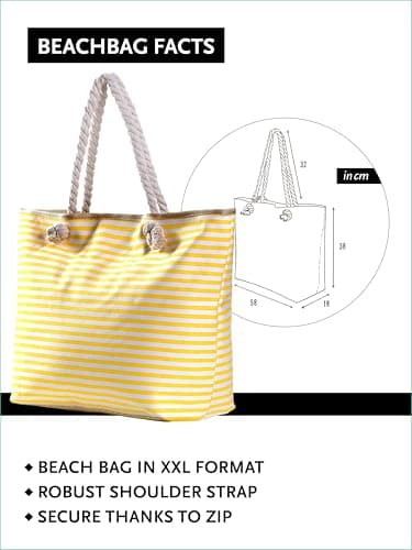 DonDon Large Beach Bag for Women with Zip Waterproof Pool Bag Holiday Bag Maritime Stripes Yellow White — view 2