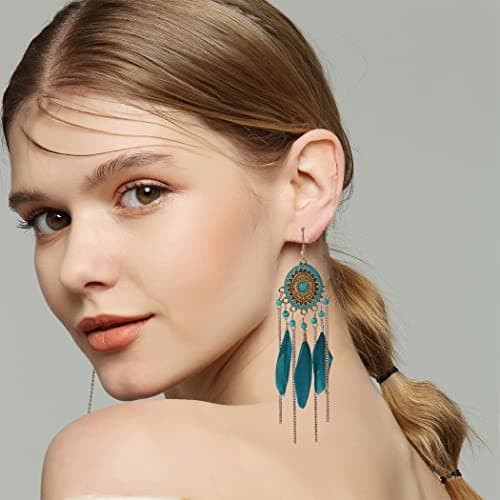 Bohend Boho Feather Tassel Earrings Gold Long Turquoise Earring Bohemia Travel Beach Bead Chain Ear Accessories for Women and Girls (Blue) — view 4
