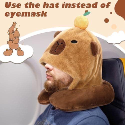 Capybara U-Shaped Travel Pillow with Hood - Plush Neck & Chin Support Headrest, Soft Animal Pillow for Airplane, Train, Car, Office Sleep — view 4