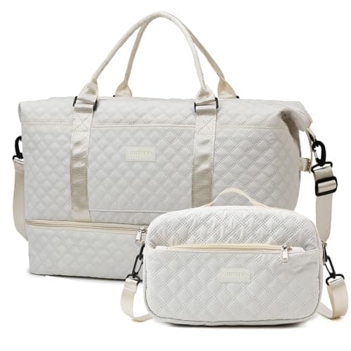 Outplea 55L Travel Bag for Women, Large Overnight Weekender Bag with Shoe Compartment & Wet Pocket, Hospital Holdall with Toiletry Bag, White