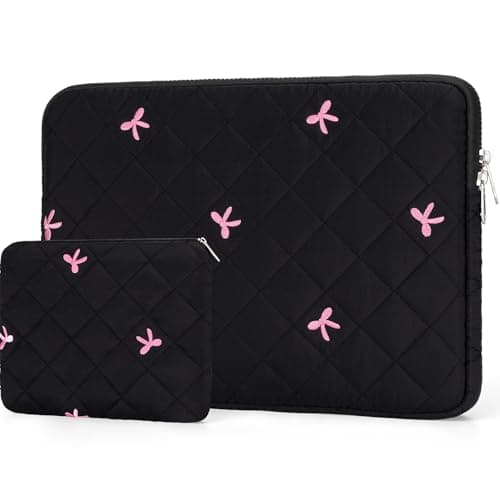 JOOEER 15-16" Laptop Sleeve, Bow Embroidered with Storage Pouch, Black