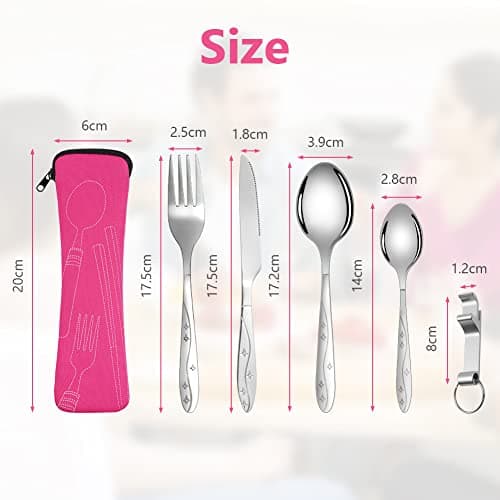 Vicloon 5PCS Camping Cutlery Set, Stainless Steel Flatware Set with Bottle Opener, Travel Cutlery Set Spoon Knife and Fork for Camping Picnic Office School Lunch (Rose Red) — view 2