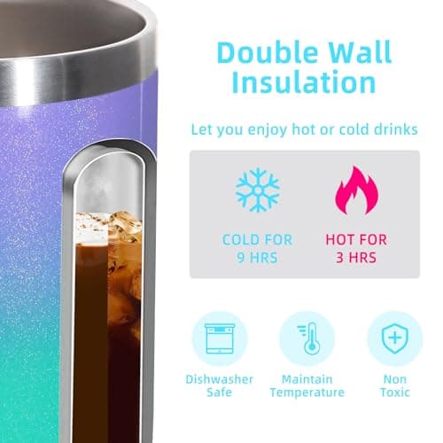 Volhoply 14oz Insulated Stainless Steel Coffee Mug with Leakproof Lid,Double Wall Vacuum Travel Coffee Cup with Handle,Reusable Metal Tumbler,Camping Mugs Keep Hot,Christmas Gifts(Purple Green,1) — view 3