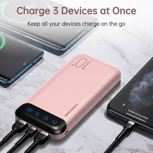 Portable Charger 10000mAh Slim USB C Input and Output Power Bank with LED Display Lightweight External Battery Pack Compatible for iPhone 14/13/12, iPad, Samsung etc. (pink) — view 3