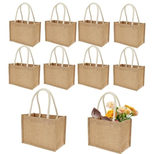 10Pack Burlap Tote Bags, 23×11x16cm Jute Gifts Tote with Handles, Small Beach Bags, Grocery Shopping Bag for Thanksgiving, Christmas, Bridesmaid, DIY, Shopping, Pool, Wedding(10Pack)
