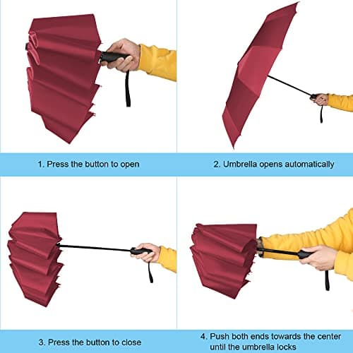 Vicloon Travel Umbrella, Folding Umbrella, 8 Ribs Compact Windproof Umbrella, Auto Open/Close, Sturdy Reinforced Canopy Automatic Portable Umbrella for Men&Women (Wine Red) — view 4