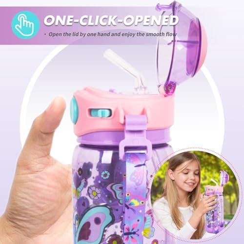 PinkSheep Kids Water Bottle with Straw/Lanyard, 650ml Child Drinking Water Bottle, BPA Free Leak-Proof Locking Flip Lid for Kids Girls Boys School Sport Travel (Butterfly) — view 3