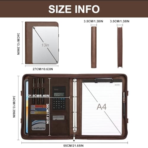 Leathario Portfolio Folder A4, Vegan Leather Conference Folder with Handle, 4-Ring Travel Document Holder with 10 Sheet Protectors, Multi-Pocket Document Folder Organiser, Office Supplies — view 3