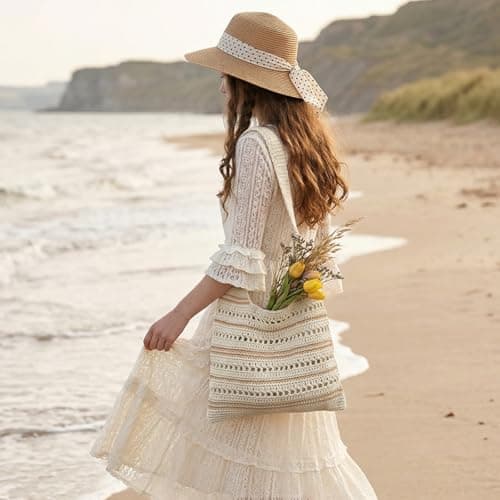 unisoul Striped Knitted Beach Bag for Women，Crochet Tote Bag with Zipper and Lining, Boho Summer Shoulder Bag for Holiday Travel, Lightweight Aesthetic Mesh Handbag, Foldable Shopping Bag, Khaki — view 2