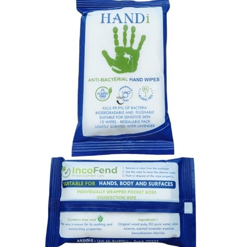 Incofend Handi 5 Packs Antibacterial Wet Wipes Hand Sanitizing Travel Disinfectant Camping Pocket Sports Gym Alocohol Plastic Free Flushable Biodegradeable Body Toilet Sanitising Adults Kids — view 3