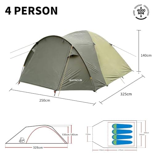 SAFACUS 3-4 Person Dome Camping Tent, Double layer, Full Waterproof Holiday Family 3 to 4 Man Tent, Easy to Set Up for Outdoors Hiking Fishing Traveling Beach Vacation — view 3