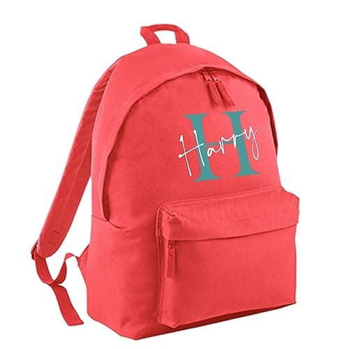 Print Maniacs Personalised Any Name Large 18L Kids Travel Backpack Junior Shoulder Collage Rucksack School Lunch Swimming P.E Laptop Book Bag (Coral, Teal/White)