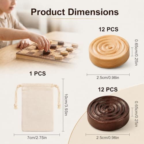 24 Pcs Wooden Draughts Set with Drawstring Bag, Classic Checkers & Backgammon Replacement Pieces, Stackable Natural Wood Tokens for Kids, Adults, Travel, Camping, Family Board Game Fun — view 2