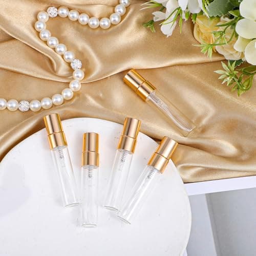 Azefnuhk 20 Pack 5ml Atomizer Glass Spray Bottles, Mini Perfume Spray Bottle, Fine Mist Atomizer Glass Bottle, Travel Size Mini Spray Bottles for Fragrance, Essential Oils, DIY Samples (Gold) — view 5