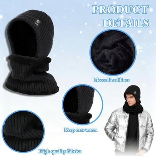 YCZARD Winter Beanie Hat Neck Warmer Set, Windproof Thermal Fleece Line Warm Winter Hat and Scarfs Set for Men & Women Running Jogging Skiing Cycling Black — view 2