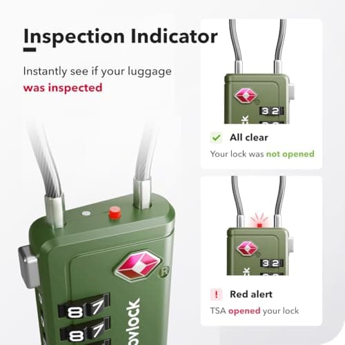 TSA Luggage Locks with Alert Indicator – 4-Digit Travel Padlocks with Flexible Cables for Suitcases, Backpacks & More – Suitcase Locks, 2-Pack, Green — view 5