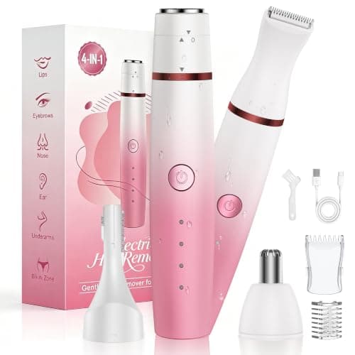Facial Hair Remover for Women,4-in-1 Bikini Trimmer Women,USB C Mini Lady Shavers with 4-Level Battery Indicator (25%, 50%, 75%, 100%) Eyebrow Razor,Nose Trimmer,for Face Nose/Ear Body,Gradient Pink