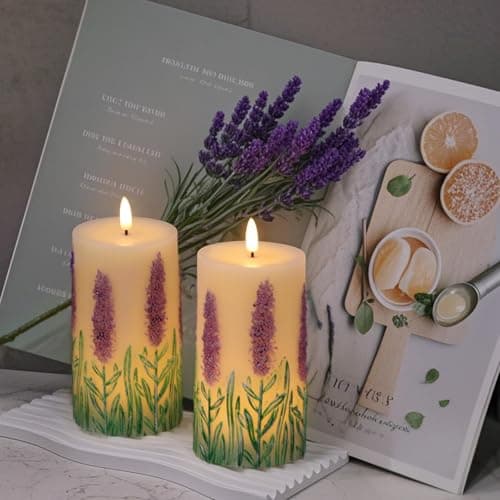 Eldnacele Lavender LED Candles Battery Operated with 6 Hour Timer, Real Wax Hand-Painted Flameless Pillar Candles with Flickering Flame for Christmas Decorations(2 Pack, 3" D x 6.5" H) — view 6
