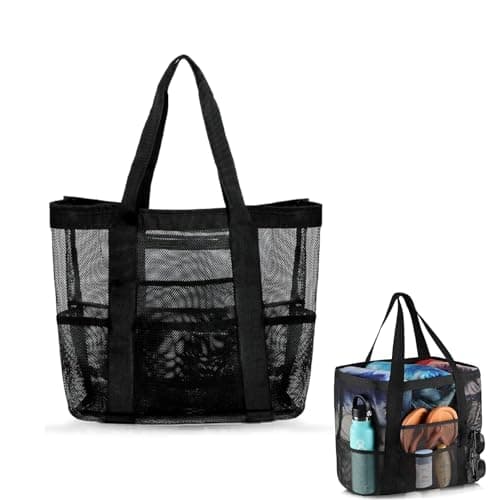 HUSHRICH Mesh Beach Bag Lightweight Large Tote Bag Sand Free, 10 Pockets Handheld Beach Hollow Mesh Bags Black Large Capacity Shoulder Beachs Bags Pool Vacation