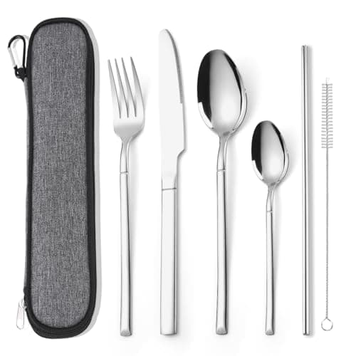 AARAINBOW Portable Cutlery Set for 1 Person, Stainless Steel Knife Fork Spoon Straw Set. 6-Piece Flatware Set with Bag, Suitable for Travel Camping Work, Dishwasher Safe, Silver