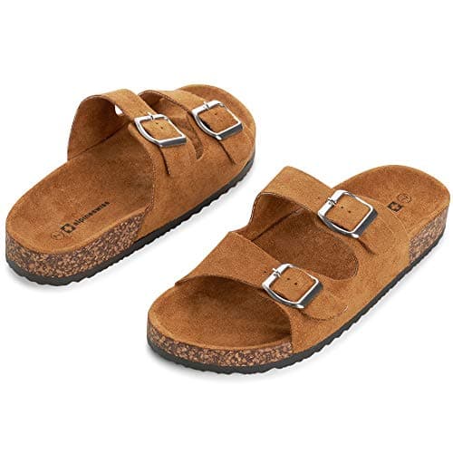 alpine swiss Womens Double Strap Contour Sandals | Adjustable Buckle Slides | Vegan Leather Footbed Sandals | Ergonomic Cork-Inspired Sole | Casual Summer Footwear Slip On Slides with Buckles Tan 5 — view 5