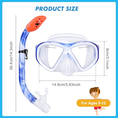 KUYOU Kids Snorkel Set Dry Top Snorkeling Gear,180°Panoramic Wide View Swimming Diving Mask for Kids Youth Boys Girls Junior Age 5-12 (Blue+White) — view 2