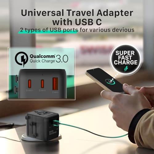 Fosmon Universal Travel Plug Adapter Worldwide, Travel Essential with 2 USB-C, 1 USB-A Port GaN III Mini International Power Adapter, Dual Safety Fuses All in One, UK to EU, Thailand, AU, Japan USA — view 2