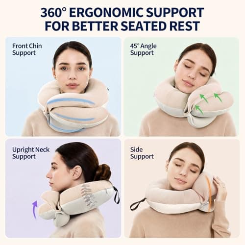 BUYUE Travel Neck Pillows for Airplanes, 360° Head Support Sleep for Long Flight, Skin-Friendly & Breathable, Kit with 3D Contoured Eye Mask, Earplugs and Storage Bag (Large, Beige, 90+ lbs) — view 2