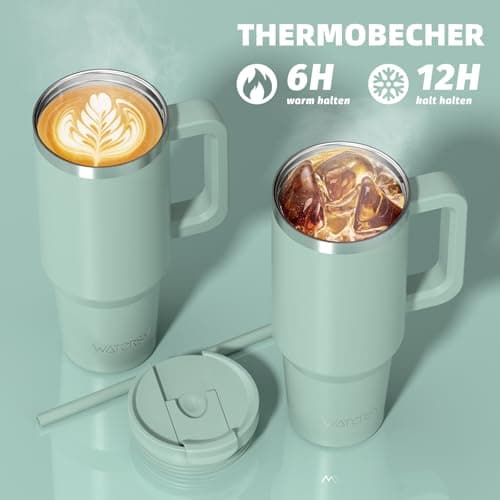 WATERSY 40oz Travel Mug Coffee Cup with 2 Straws, Tumbler Lid and Handle, Stainless Steel Double Wall Vacuum Insulated Coffee Water Bottle Thermal for Cold Hot Coffee 1182ml Green — view 2